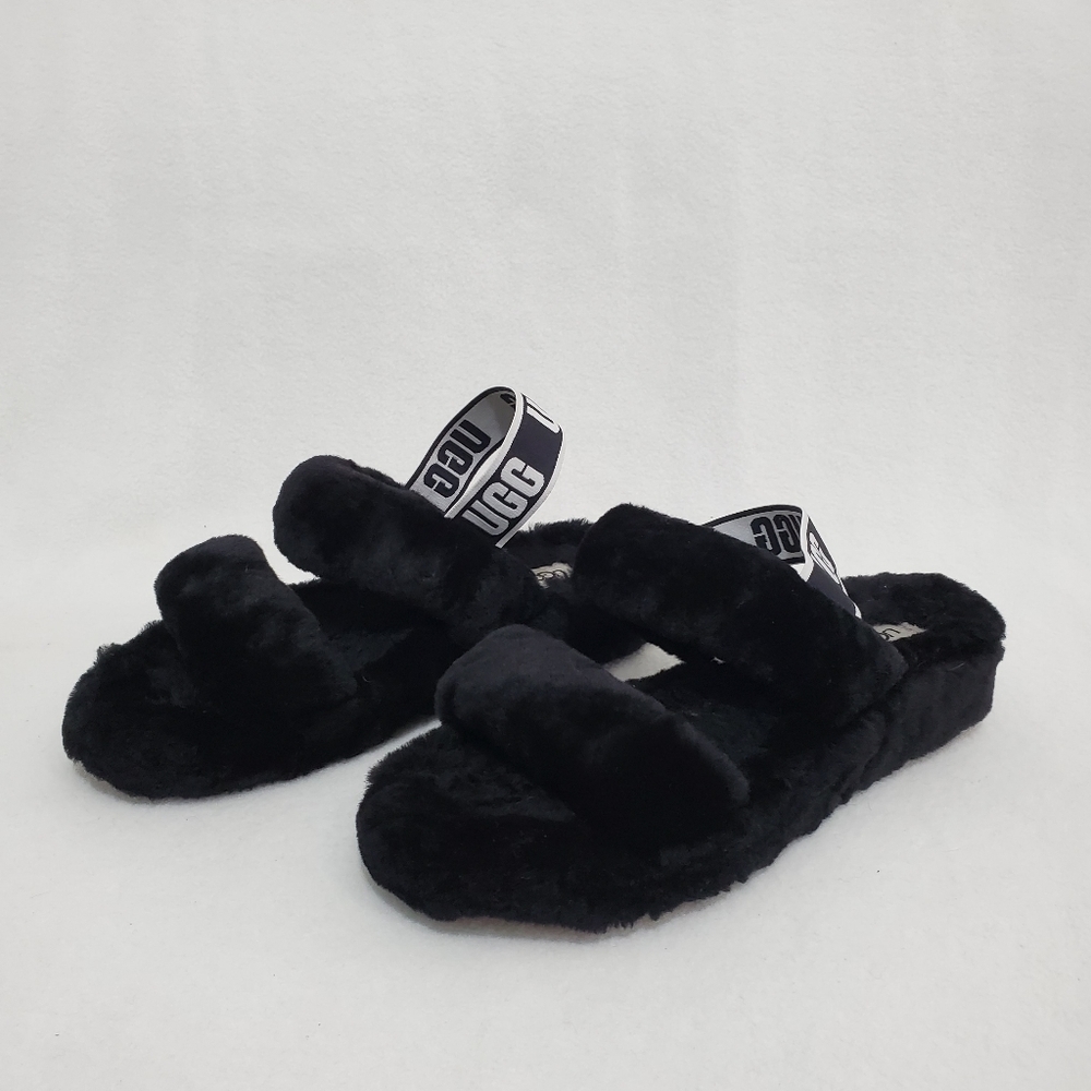 Ugg Oh Yeah Black/White Slingback Fur Slipper Sandals - Picture 3 of 6